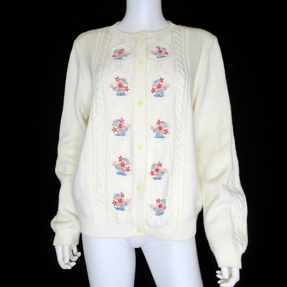 L.L. Bean Vintage Floral Cardigan Sweater Cottagecore Cable Knit Women's XL - Picture 1 of 6